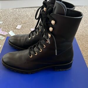 Stuart Weitzman  Leather Pearl Combat Boots Black